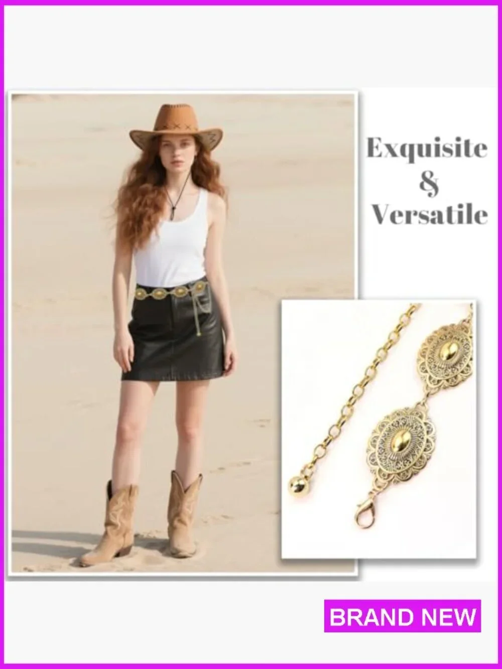 Western Concho Chain Belt Metal Boho Vintage Adjustable Waist Belt for Women